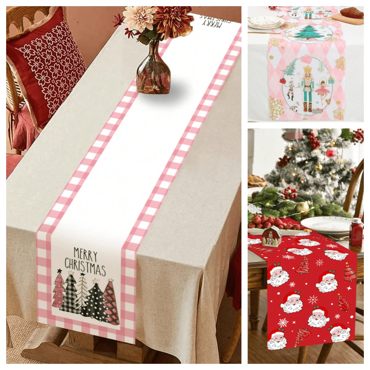 1 pieza Camino de mesa decorativo de cocina navideña con patrón de Papá Noel, mantel de poliéster para mesa de Navidad, centro de mesa, cubierta de mesa, perfecto para decoraciones navideñas del hogar, decoración de fiesta de Navidad, decoraciones Feliz Navidad