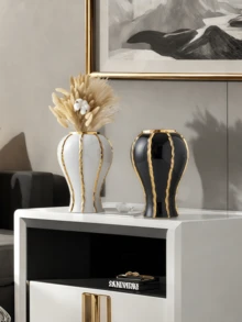 1 pieza Jarrón curvo de cerámica de lujo y alta gama con acabado dorado, adecuado para colocar flores frescas en la mesa de la sala de estar, escritorio de oficina, decoración con flores secas y como un hermoso adorno de jarrón para el estudio.