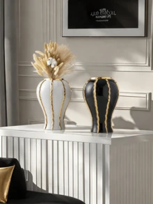 1 pieza Jarrón curvo de cerámica de lujo y alta gama con acabado dorado, adecuado para colocar flores frescas en la mesa de la sala de estar, escritorio de oficina, decoración con flores secas y como un hermoso adorno de jarrón para el estudio.