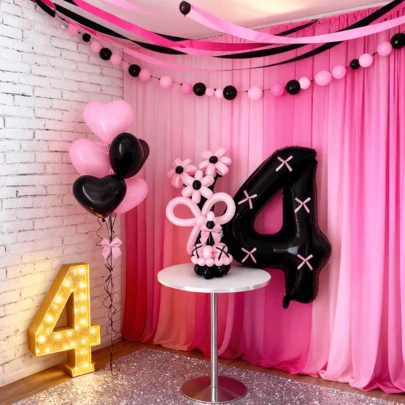 1 个 40 英寸黑色数字气球，包括黑色和粉色心形乳胶气球，配有缎带和蝴蝶结，适合新娘、派对、周年纪念、情人节、生日派对装饰、照片道具、圣诞派对