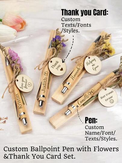 Personalized Name/Texts Wooden Pen With Flowers/Thank You Card Gift Set, Personalized Bamboo Pen, Custom Wooden Thank You Card. Bamboo Perfect Gift, Birthday Company Colleague Committee Graduation Teacher Appreciation Gift