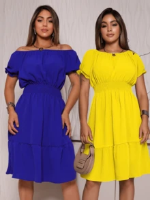 Kit Of 2 Women's Dresses Casual Vibrant Colors Ruffle Short Sleeves Elegant - 黃色 - 查看 1