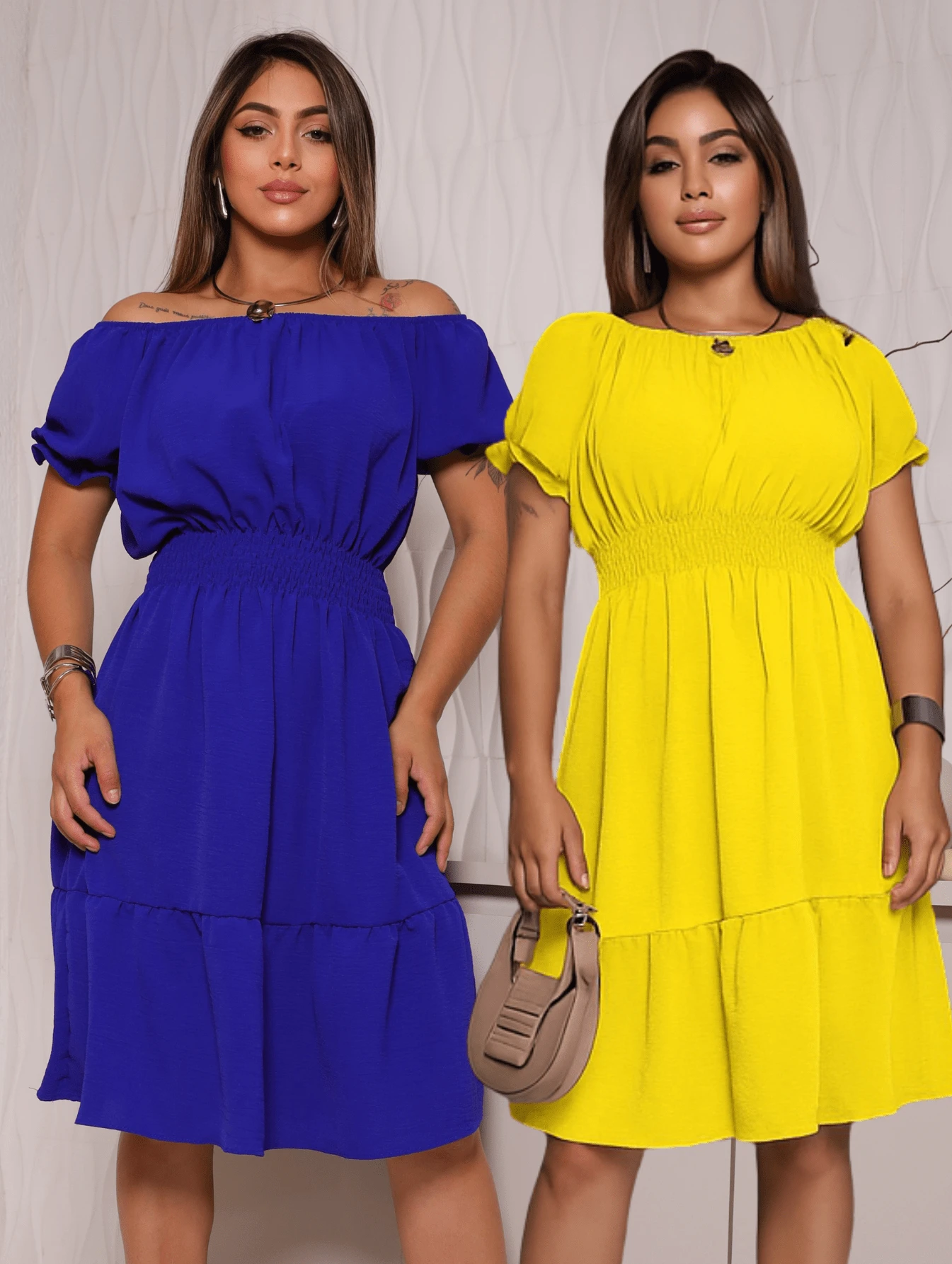 Kit Of 2 Women's Dresses Casual Vibrant Colors Ruffle Short Sleeves Elegant - 黃色 - 查看 1