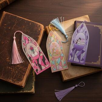 Söta akrylbokmärken i kyrkfönsterstil med färgat glas, med bedårande konstnärliga mönster som rosenprydda böcker och läskattungar, perfekta presenter för bokälskare och läsare