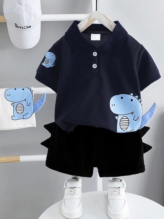 2pcs Young Boy Fashionable Dinosaur Print Collar Tee & Solid Color Shorts Set, Short Casual Outfit