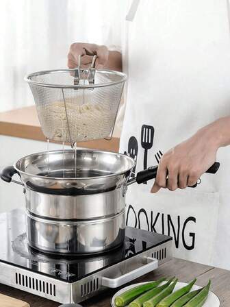 1 pieza Cesta de freír de acero inoxidable con mango, cesta de colador de aceite plegable para la cocina