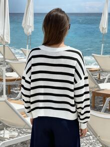 Black & White Striped Minimalist Loose Knit Sweater, Women's Casual Crew Neck Pullover, Basic Style For Spring - Black and White - View 10