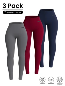 Kit 3 High Waist Legging Pants With No Transparency - 1藏青色+1酒紅+1灰色 - 查看 1