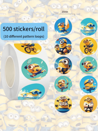  500pcs/Roll Minions Theme Stickers, Includes Cute Cartoon Characters Stuart+Bob+Kevin, Suitable For Birthday Decoration, Gifts, Scrapbooking, Notebooks, Christmas And Halloween