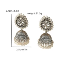 1 Pair Vintage Teardrop Faux Pearl & Rhinestone Tassel Alloy Bell Dangle Earrings For Women
