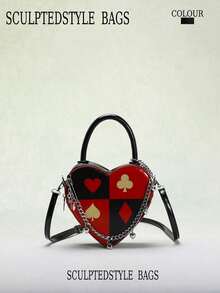 SCULPTEDSTYLE BAGS 1 件红黑撞色心形女士单肩包和斜挎包，勃艮第红安哥拉酒红色扑克牌印花心形装饰流苏手提包，情人节、女友、下午茶的时尚礼物 - 黑色 - 查看 10