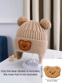 1 件装冬季可爱熊耳暖针织婴儿帽，韩版幼儿加厚保暖无檐小便帽，耳罩式针织无檐小便帽套装，带绒球，舒适柔软有弹性且加厚，非常适合冬季外出 - 米色 - 查看 6