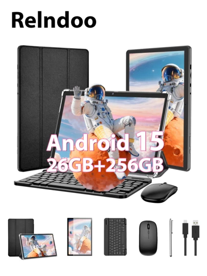Relndoo 2025 Android 15 Tablet mit Tastatur, 26GB RAM+256GB ROM, 2 in 1 Tablets, 10,1 Zoll Tablet mit Maus, Lederhülle, Stift, Schutzfolie, Kabel, RK3562 Quad-Core 2,0 GHz, 5MP+8MP Dual Camera, 1280*800px HD Touchscreen, 6000mAh Batterie, Typ C, Unterstützt 1TB SD Expansion, 802.11n wifi 2.4G/5G Wireless, GPS (Kein Adapter)-Schwarz