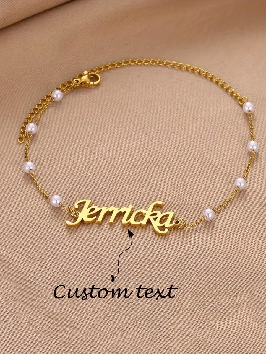 Customized Faux Pearl Anklet With Personal Name, Stainless Steel Fashion Jewelry, New Beach Style Foot Chain, Summer Personal Birthday Gift, Valentine's Day, Birthday, Mother's Day, Christmas, Halloween, Graduation Gift - Style 4 - View 1