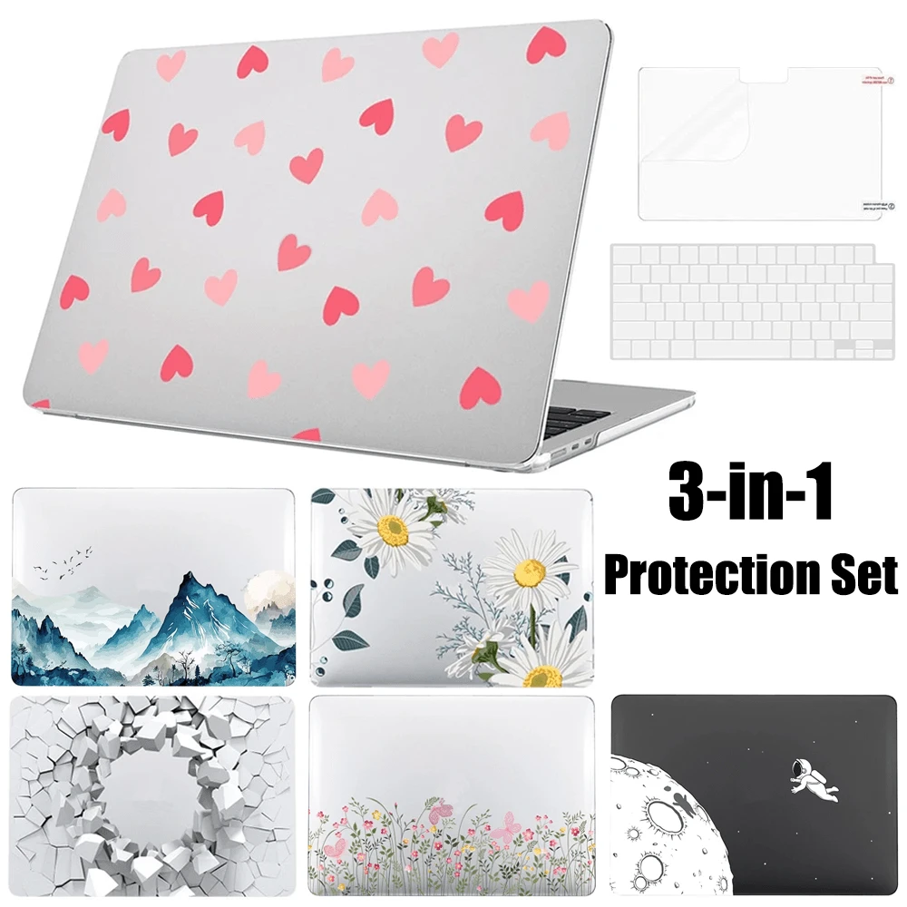 For MacBook Air 13.6" Case (2025-2022) [A3240 M4/ A3113 M3/ A2681 M2], Plastic Hard Shell With Delicate Print & Screen Protector & Keyboard Cover, 3 In 1 Anti-Scratch Apple Laptop Protection Set - 清心 - 查看 1