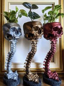1pc Skull Planter And Spine Stand, Skull Planter With Spine, Resin Human Skeleton Planter, Halloween Statue Decoration, Succulent Skull Planter, Gothic Halloween Home Decor Room Decor Flower Vase Glass Vase - Multicolor - View 2