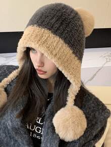 一套3件毛球配饰，女士秋冬百搭针织帽配围巾，可爱毛球耳罩，厚实保暖针织帽，情人节礼物