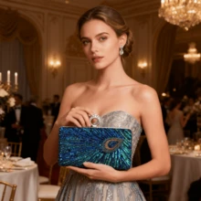 Luxury Beaded Sequins Evening Clutch Purse Rhinestone Clutch Bag For Women Sparkly Peacock Wedding Party Handbag Dinner Bag With Detachable Metal Chain For Ladies Formal Bag Women's Handheld Evening Bag For Wedding Formal Banquet Prom Gala Birthday Holiday Gift