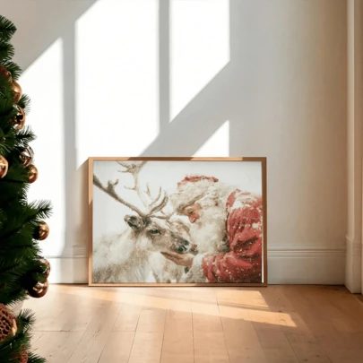 1 vintagemålning med jultomten som smeker renar - Rustik julväggkonst, juldekoration, mysig vinterscen, julprydnad, julhängande dekoration, väggkonst på canvas, juldekoration, juldekoration, väggkonst med jultema, sovrumsdekor, vardagsrumsdekor, rumsdekor, heminredning, väggkonst, poster, inramad väggkonst - canvastavla (valfri ram)