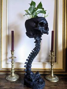 1pc Skull Planter And Spine Stand, Skull Planter With Spine, Resin Human Skeleton Planter, Halloween Statue Decoration, Succulent Skull Planter, Gothic Halloween Home Decor Room Decor Flower Vase Glass Vase - Multicolor - View 4