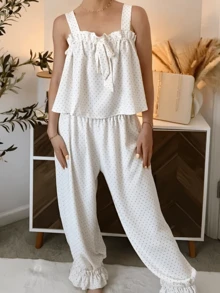 Women Y2k 2 Piece Lounge Outfit Dots Print Sleeveless Square Neck Tie Front Babydoll Peplum Tank Tops With Elastic Waist Wide Leg Ruffle Hem Pants Matching Sleepwear Loungewear Set - trắng - Xem 2