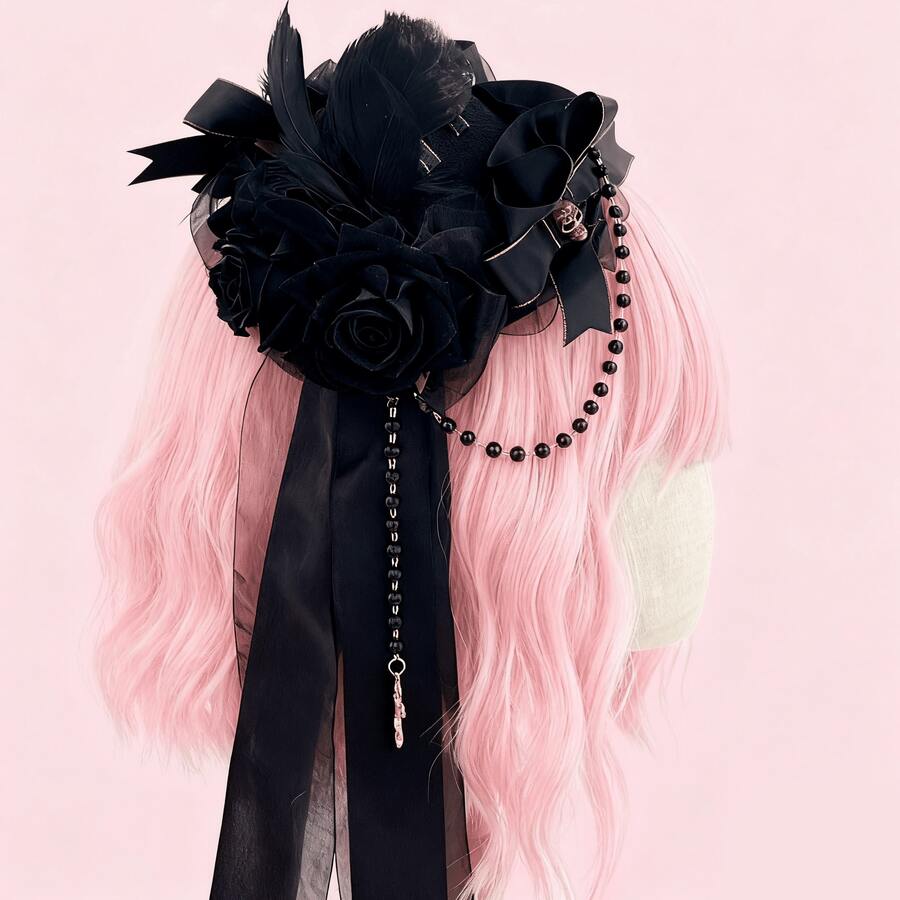 Lolita Comic Con Mini Hat. Gothic Retro Dark Hat, European And American Vampire Photo Party Accessories, Halloween Black Feather Hat, Lolita Headdress, Soft Girl 2D Party Wear Accessories. - Lông đen - Xem 1