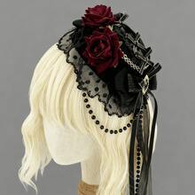 Lolita Comic Con Mini Hat. Gothic Retro Dark Hat, European And American Vampire Photo Party Accessories, Halloween Black Feather Hat, Lolita Headdress, Soft Girl 2D Party Wear Accessories. - Hoa hồng đỏ - Xem 5