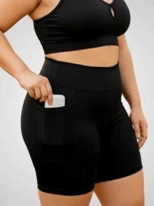 Bermuda Shorts With Pocket Fitness Plus Size Suplex High Waist Women's Sports Shorts Casual Workout UV Protection - 黑色 - 查看 1