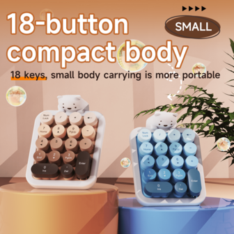 AJAZZ AF18 无线数字键盘 18 键布局，带可拆卸熊硅胶套和可拆卸键帽，即插即用 2.4G 连接，符合人体工程学设计，适用于计算机，多环境使用，非常适合学生财务和数学计算，包含 1 节 AAA 电池