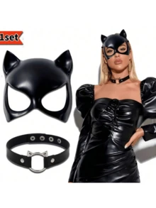 圣诞装饰套装 1 套 黑色性感猫咪面具 时尚可调节朋克哥特项链 Cosplay道具 圣诞嘉年华派对 动物角色扮演面具 化妆舞会半脸面具配饰 - 黑色 - 查看 1