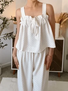 Women Y2k 2 Piece Lounge Outfit Dots Print Sleeveless Square Neck Tie Front Babydoll Peplum Tank Tops With Elastic Waist Wide Leg Ruffle Hem Pants Matching Sleepwear Loungewear Set - trắng - Xem 6