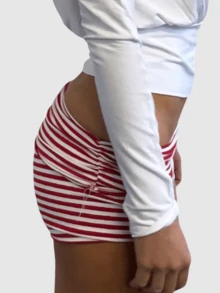 Womens Fold Over Shorts Stripe/ Dots Print Elastic Waist Low Rise Y2k Lounge Shorts Foldover Cute Pajama Micro Bottoms Mini Shorts Loungewear Summer Casual Skinny Pj Bottom Sleep Shorts - Đỏ - Xem 2