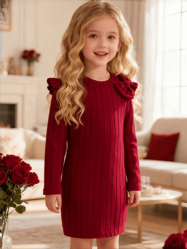 Girls Long Sleeve Dress, Soft Fabric Material, Comfortable Fit, Bow Decor, Ages 4-7, Autumn/Winter