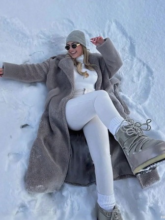 1pc Long Gray Fuzzy Winter Coat, Solid Color Knotted Design, Suitable For Office, Vacation, Daily Wear, Travel, Airport, Winter