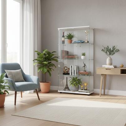 Vetrina in vetro, 80,5 x 36,5 x 164 cm, moderna vetrina in vetro, vetrina verticale, 2 ante con serratura, vetrina in vetro a 4 ripiani, vetrina per soggiorno, ufficio, oggetti da collezione, libri, vino, bianca