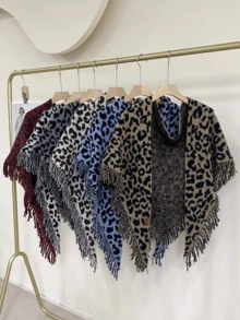 1pc Fashionable Leopard Print Fringe Scarf, Versatile High-End Winter Shawl