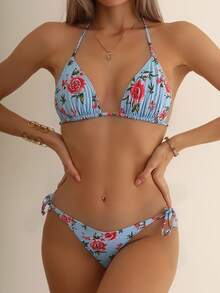 2pcs Women Floral Print Backless Bikini Swimsuit Set, Cute Tie Front Beach Outfit, Suitable For Summer, Beach, Vacation, All Season - Blue - View 2