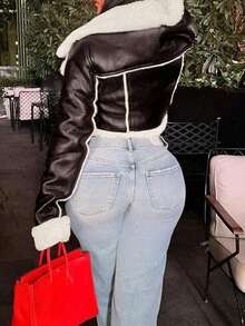 Women's Street Lapel Zip Up Rollable Cuff Teddy Lined PU Leather Crop Moto Jacket Coat Autumn And Winter - Brown - View 2