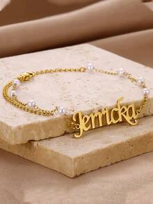 Customized Faux Pearl Anklet With Personal Name, Stainless Steel Fashion Jewelry, New Beach Style Foot Chain, Summer Personal Birthday Gift, Valentine's Day, Birthday, Mother's Day, Christmas, Halloween, Graduation Gift - Style 4 - View 3