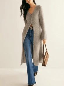 Women's Elegant Knitted Cardigan, Slim Fit Flattering Design, Flared Sleeves, Solid Color Front Button Closure, Soft & Warm, Suitable For New Year, Thanksgiving, Street Style - Khaki - View 2