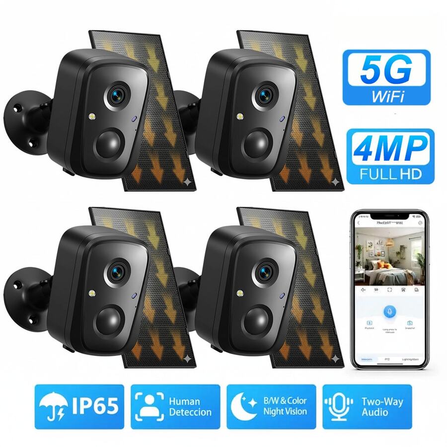Solar-Powered IP65 Waterproof Security Camera, 3K High-Definition Outdoor/Indoor 2.4GHz & 5GHz Wireless Camera 4Pack , With Artificial Intelligence Motion Detection, Two-Way Audio, 5200 Mah Battery And Solar Panel, Suitable For Home, Pet, Babysit Camera, Garage, Yard, Solar Security Camera Work For Alexa - 黑色 - 查看 1