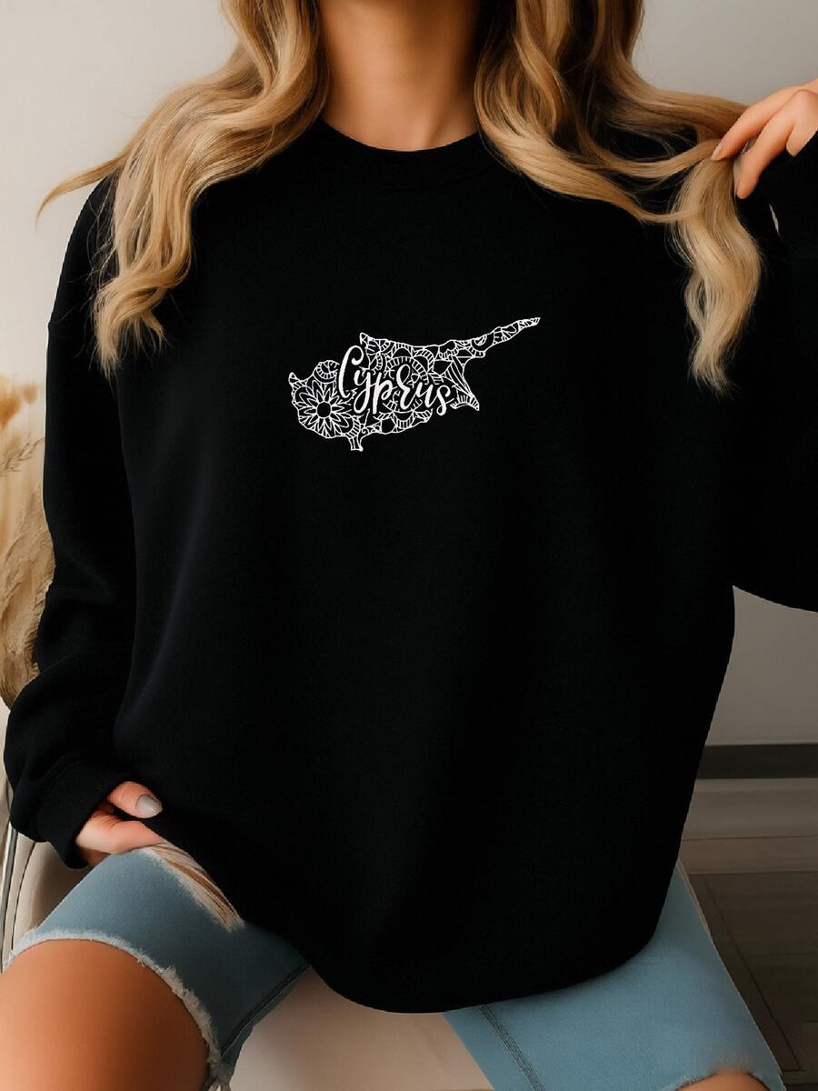Cyprus Map Sweatshirt, Boho Hippie Mandala Sweater, Cypriot Republic, Cypriots Birthday Gift, Fig Tree Bay, Mackenzie Beach, Nissi Beach - Black - View 1