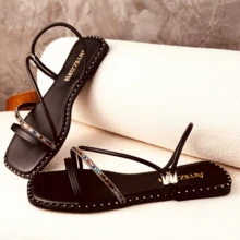 Amizzara Women's Flat Sandals New Arrival Shiny Rhinestone Modern Straps - Black - View 3