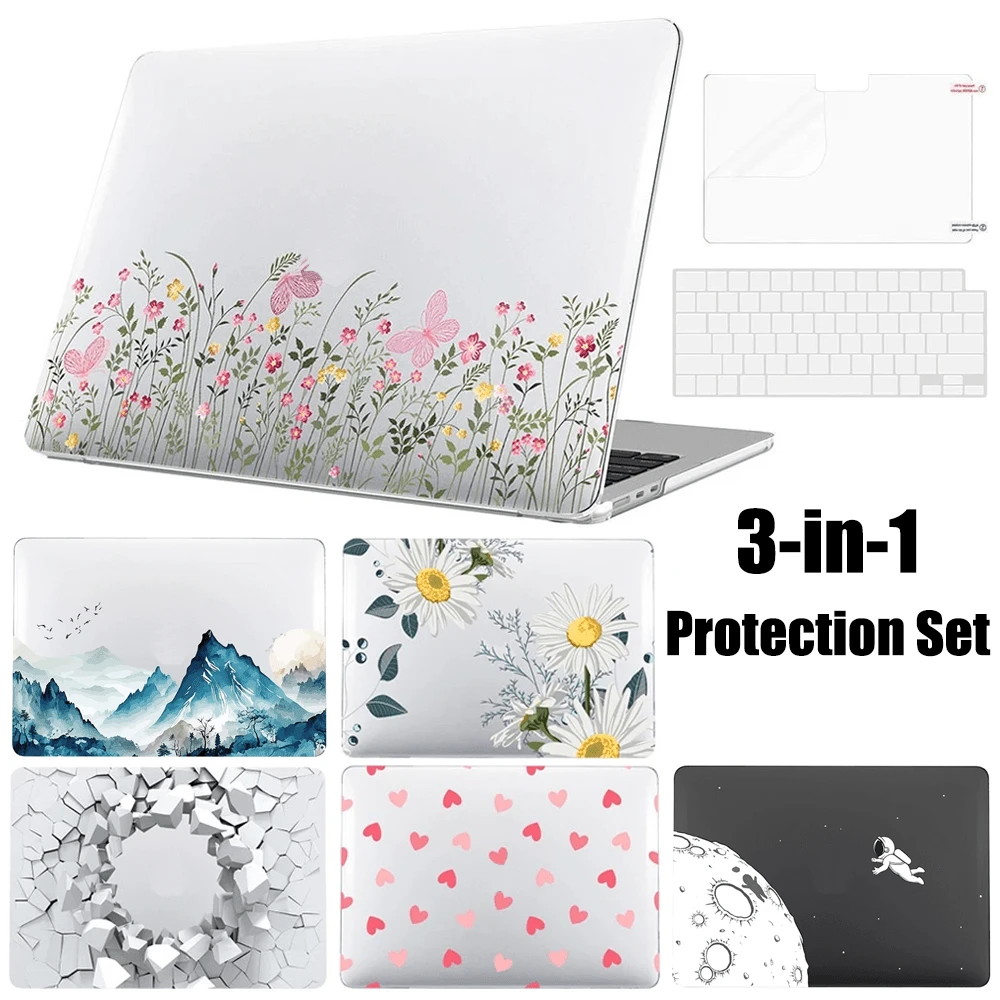 For MacBook Air 13.6" Case (2025-2022) [A3240 M4/ A3113 M3/ A2681 M2], Plastic Hard Shell With Delicate Print & Screen Protector & Keyboard Cover, 3 In 1 Anti-Scratch Apple Laptop Protection Set - Hoa trong suốt - Xem 1