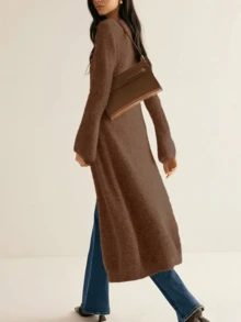 Áo khoác len cardigan thanh lịch dành cho nữ, thiết kế ôm vừa vặn, tay loe, cài nút phía trước màu trơn, mềm mại và ấm áp, thích hợp cho năm mới, lễ Tạ ơn, phong cách đường phố - Cà phê nâu - Xem 3