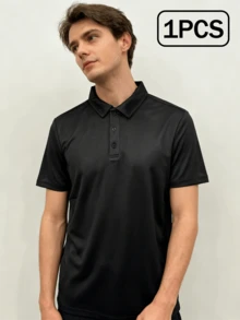 Men's Casual Solid Color Short Sleeve Polo Shirt, Versatile,Sports&Outdoor-Tennis&Golf - Black - View 1