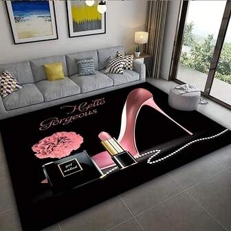 Alfombra de área con diseño de tacón alto y cosméticos "Hello Gorgeous", alfombra exterior lavable de poliéster antideslizante de HKStorage, adecuada para sala de estar, dormitorio, baño, porche, balcón - Decoración del hogar de moda, tamaños 48x79/79x119/119x157/157x229 cm
