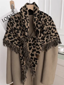 1pc Fashionable Leopard Print Fringe Scarf, Versatile High-End Winter Shawl
