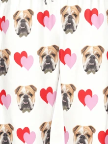 Customized Photo & Bulldog Face With Heart Pattern Pajama Set (Unisex) - Personalized Face & Red Heart Design, Soft Machine Washable Loungewear, Anniversary Valentine's Day Gift, Casual Suit, Funny Pattern, Comfortable Fit - White - View 7
