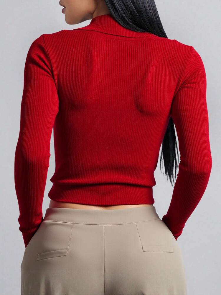 Suéter tejido para mujer estilo elegante oficina color sólido tela acanalada elástica ajuste entallado cuello con solapa manga larga otoño trabajo versátil - Rojo - Añade 2